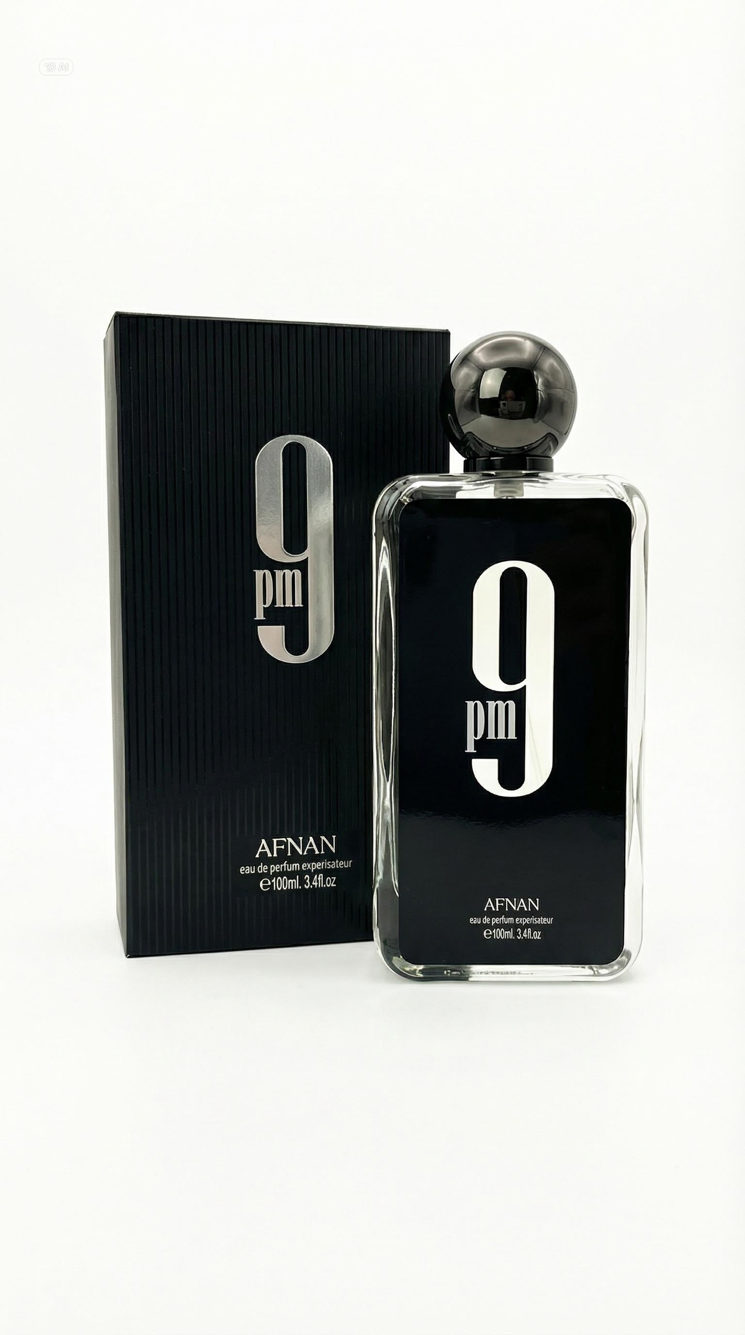Black 9pm Afnan perfume bottle with matching box for men