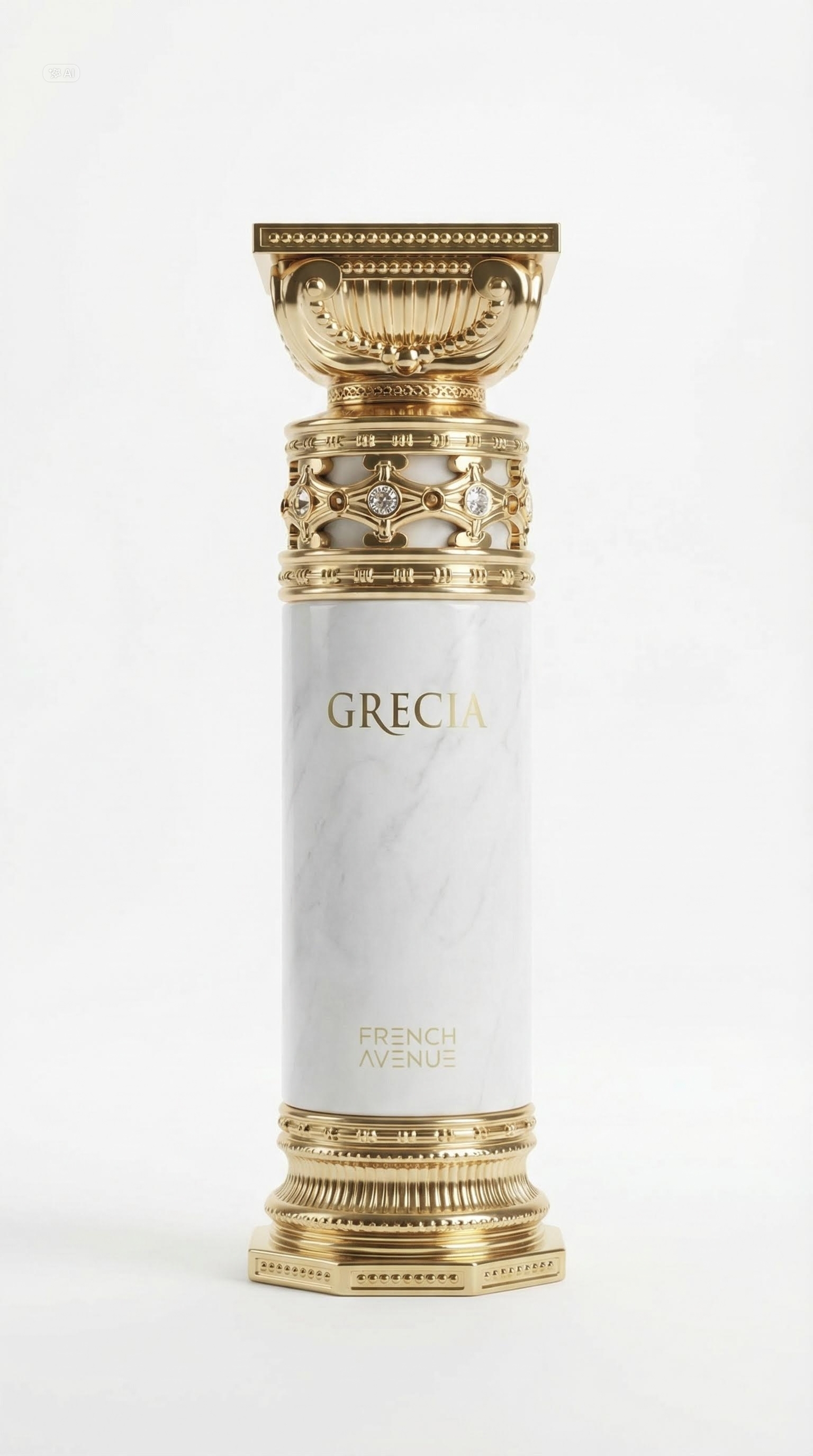 White marble and gold Grecia perfume bottle standing upright