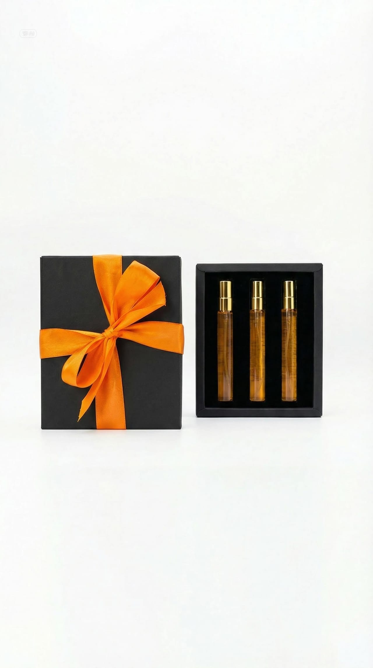 Black gift box with orange ribbon beside three amber aroma vials