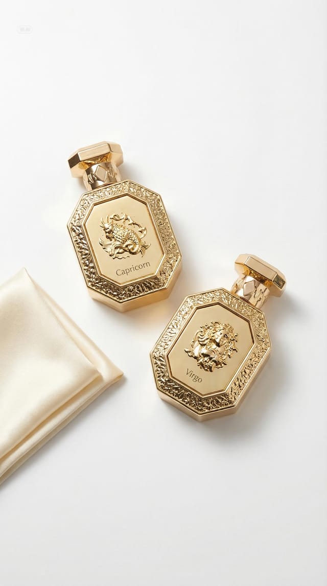 Two gold zodiac perfume bottles labeled Capricorn and Virgo with silk cloth