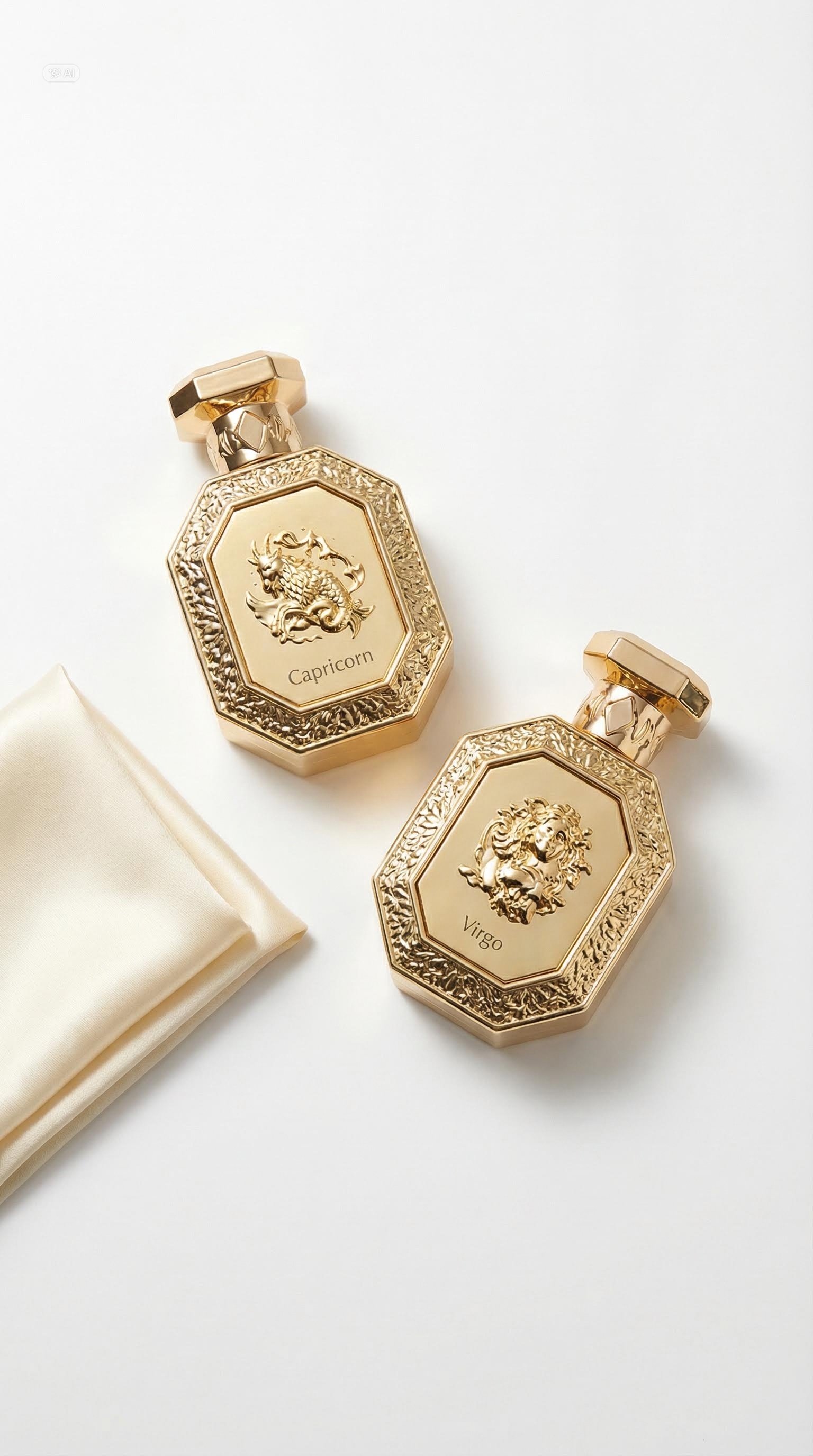 Two gold zodiac perfume bottles labeled Capricorn and Virgo with silk cloth