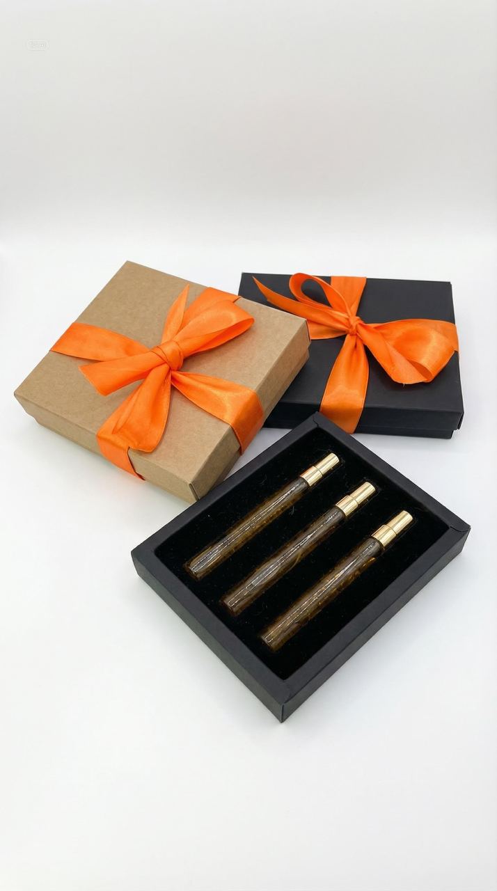 Gift boxes with orange ribbons and set of three travel perfume vials